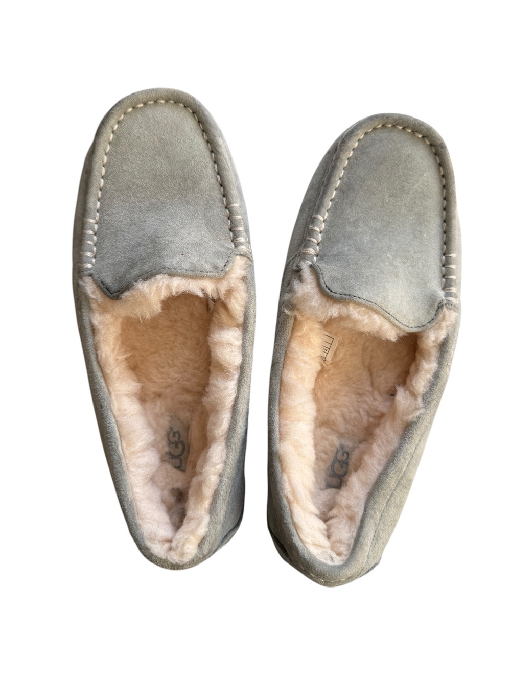 UGG Ansley Suede Shearling Moccasin Slippers Gray Green Women’s Size 6